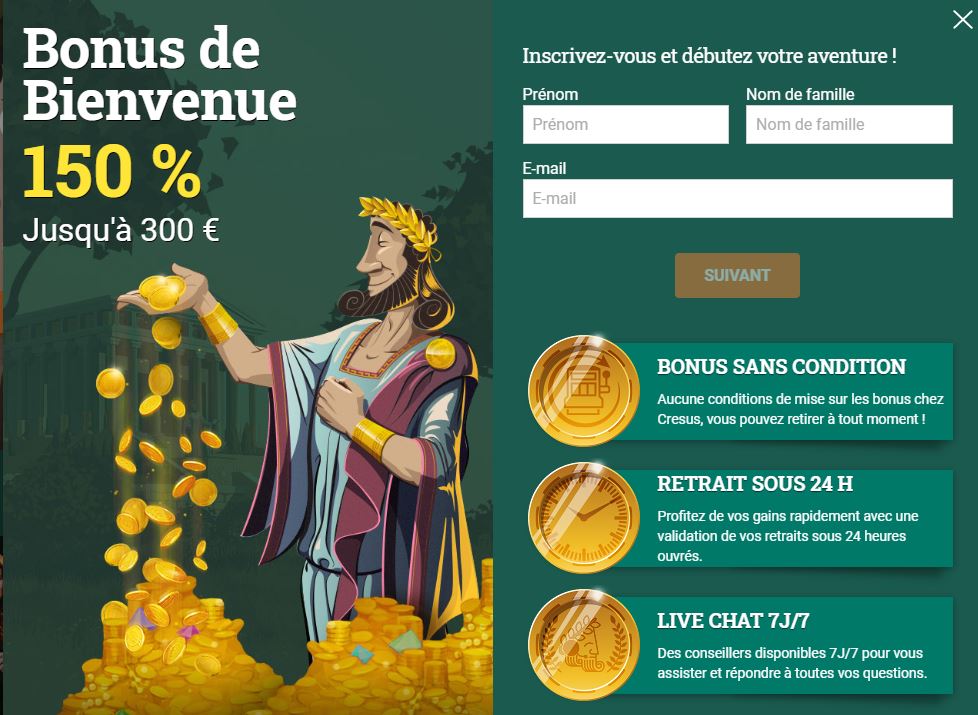 inscription et bonus sur Cresus Casino